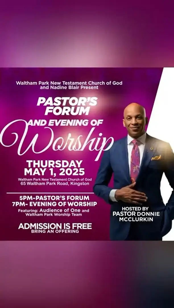 ✨ You're Invited! ✨
Join us for a powerful Pastor’s Forum and an unforgettable Evening of Worship, presented by Pastor Donnie McClurkin!

🗓️ Date: Thursday, May 1st, 2025
📍 Location: Waltham Park New Testament Church of God, Kingston, Jamaica
⏰ Time: 5PM-Pastor's Forum, 7PM-Evening of Worship

Come and be refreshed, inspired, and uplifted as Pastor Donnie pours wisdom into leaders during the forum, followed by a worship experience that will stir your soul. 🙌

This is more than an event — it’s a divine encounter you don’t want to miss.
Tag a friend, bring your church family, and let’s worship together!

#PastorsForum #EveningOfWorship #DonnieMcClurkin #WorshipNight #FaithInAction #ChurchEvent